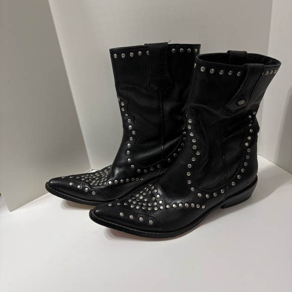 Studded Harley Davidson Black Leather Boots - Picture 2 of 10